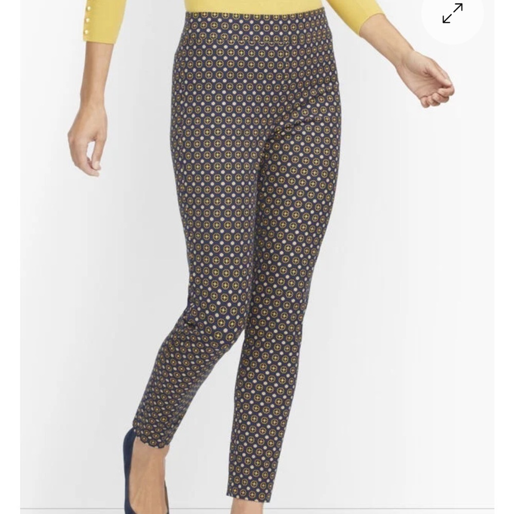 Talbots Essex Ankle Pants Geo Hearts Blue Gold Yellow Sz 14